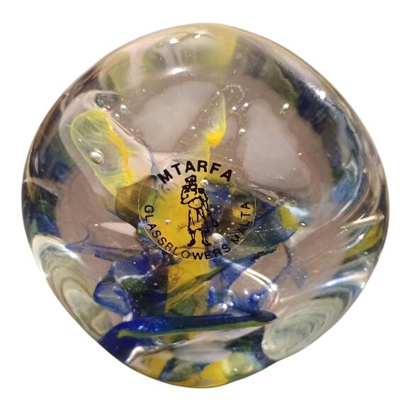 Mtarfa Art Glass Blue Yellow Paperweight Maltese Glassware Collectable VGUC - Picture 2 of 9